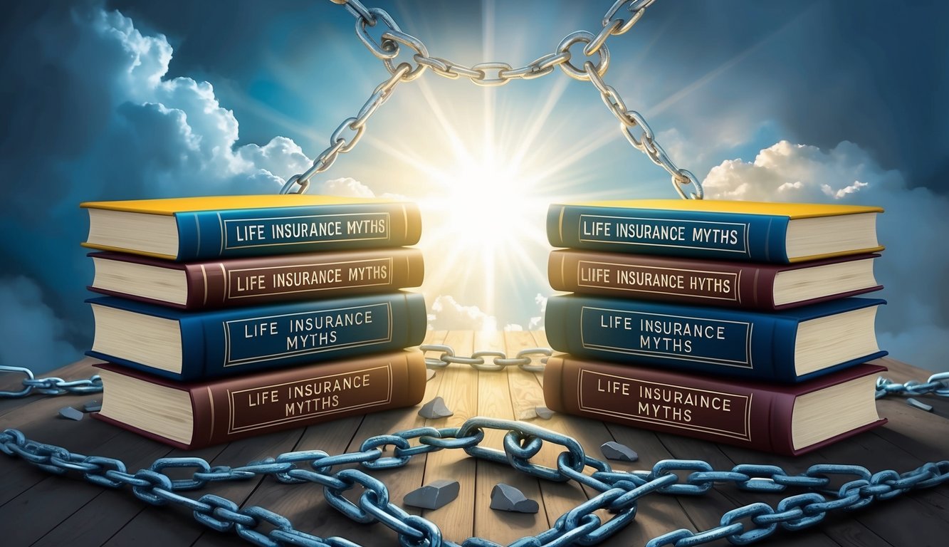 A stack of five books with "Life Insurance Myths" on the cover, surrounded by broken chains and a shining light of truth breaking through the clouds