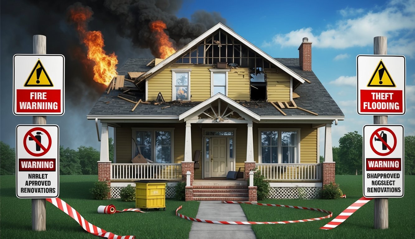 Burning house with warning signs for fire, theft, flooding, and renovations