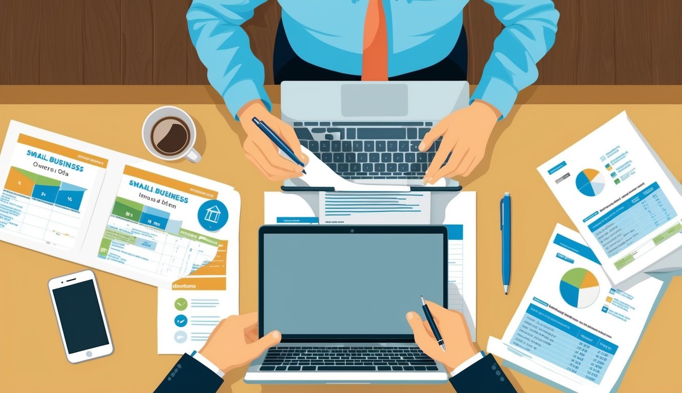 Business meeting with laptops, documents, and coffee on a wooden table