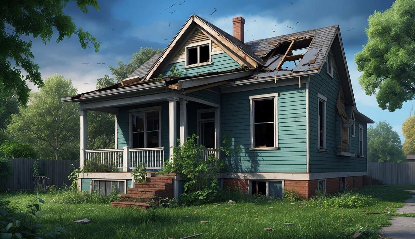 A neglected home with overgrown yard, leaky roof, broken windows, and damaged siding