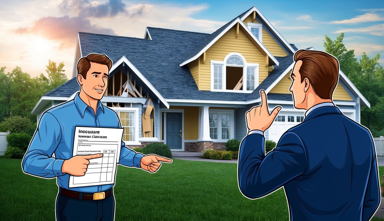 A homeowner standing in front of a damaged house, pointing to inaccurate information on a claim form while an insurance adjuster shakes their head