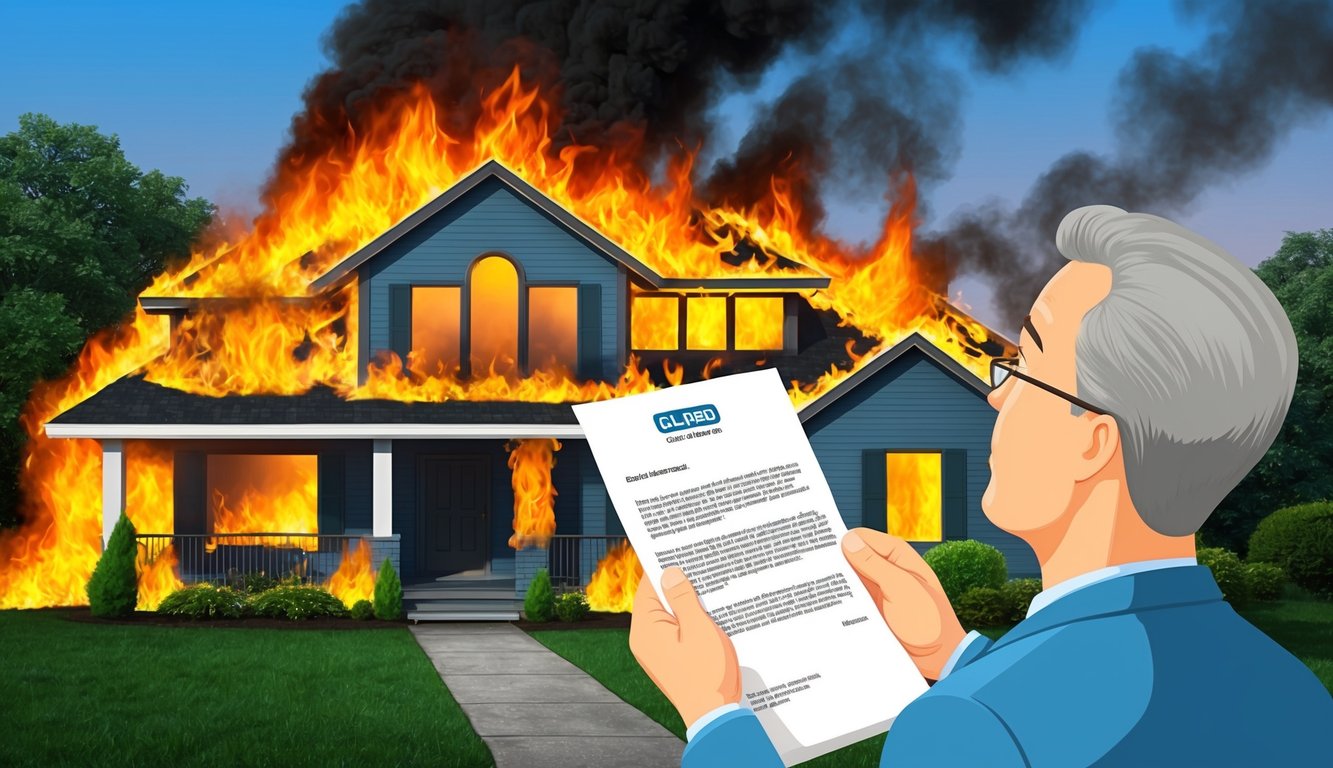 A house engulfed in flames while the owner looks at a denied insurance claim letter in disbelief