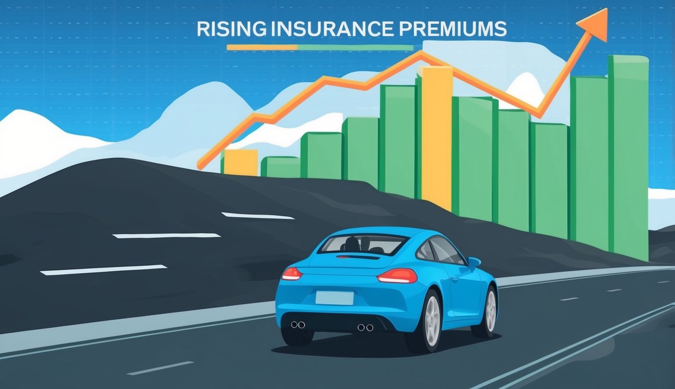 Blue car on road with rising insurance premiums graph in background
