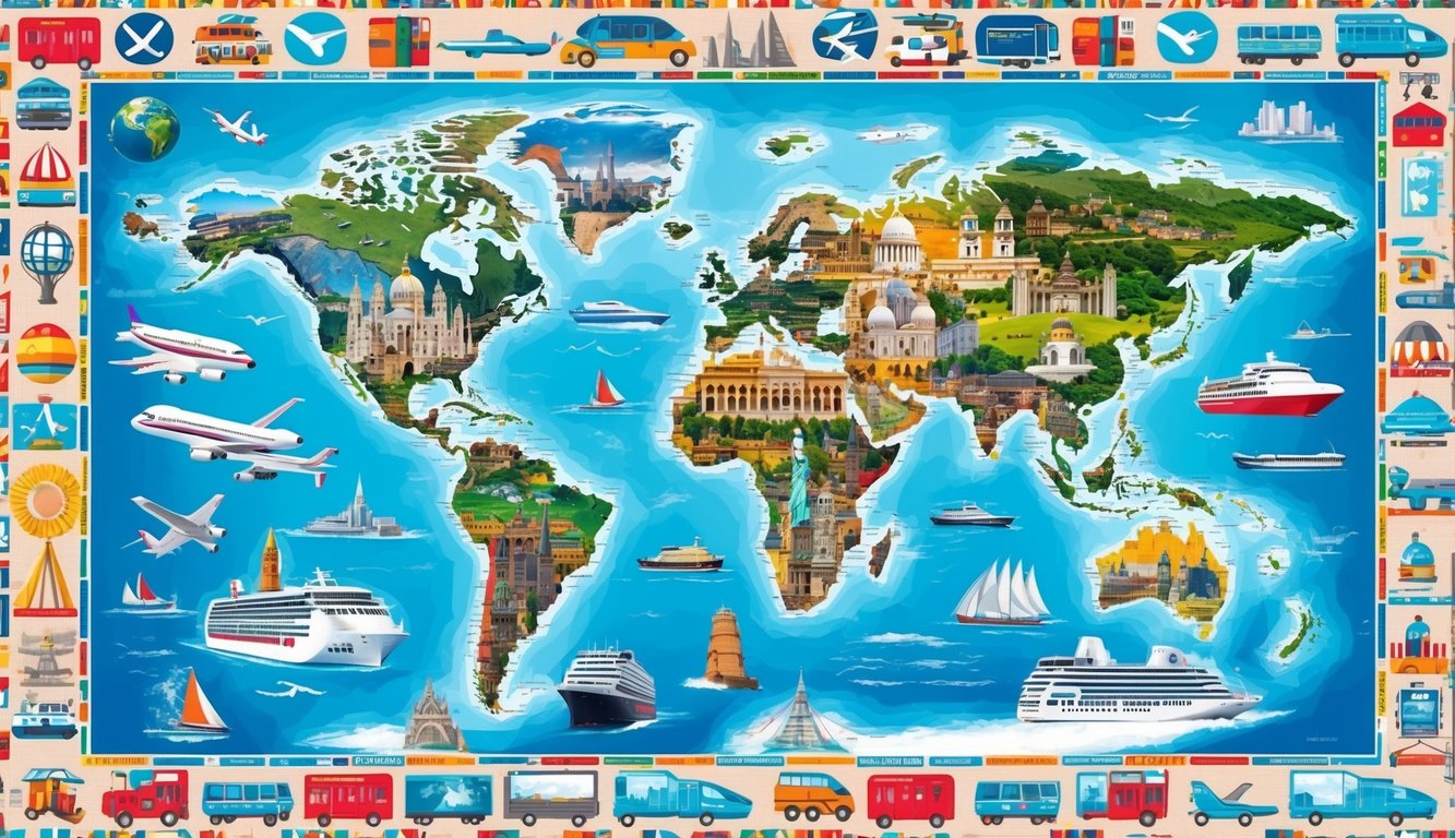 A vibrant collage of global landmarks and transportation modes, surrounded by a border of travel-related symbols and icons