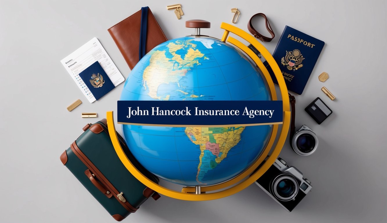 A globe surrounded by travel-related items like a suitcase, passport, and camera, with the John Hancock Insurance Agency logo displayed prominently