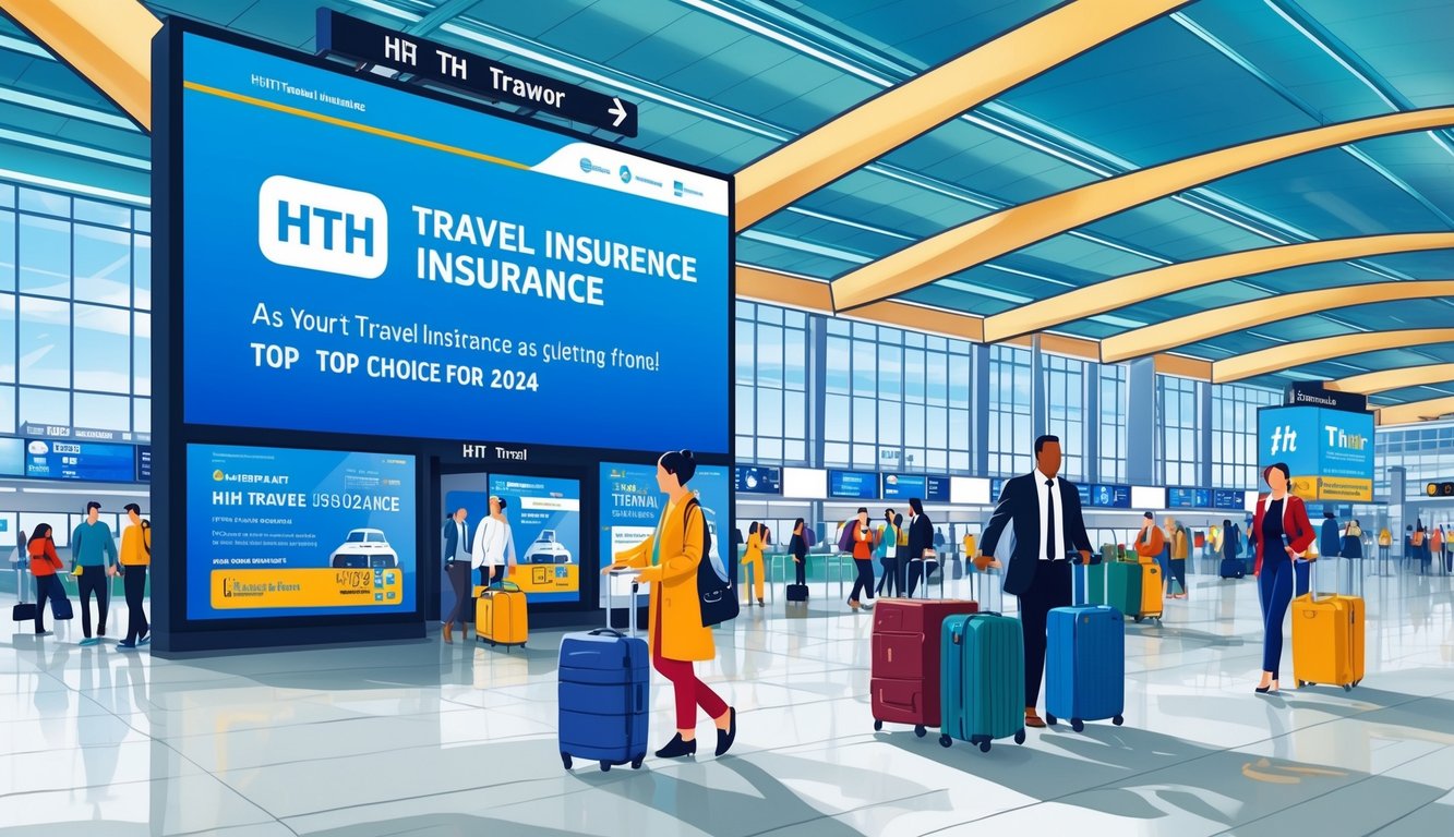 A bustling airport terminal with travelers, luggage, and a prominent display promoting HTH Travel Insurance as the top choice for 2024