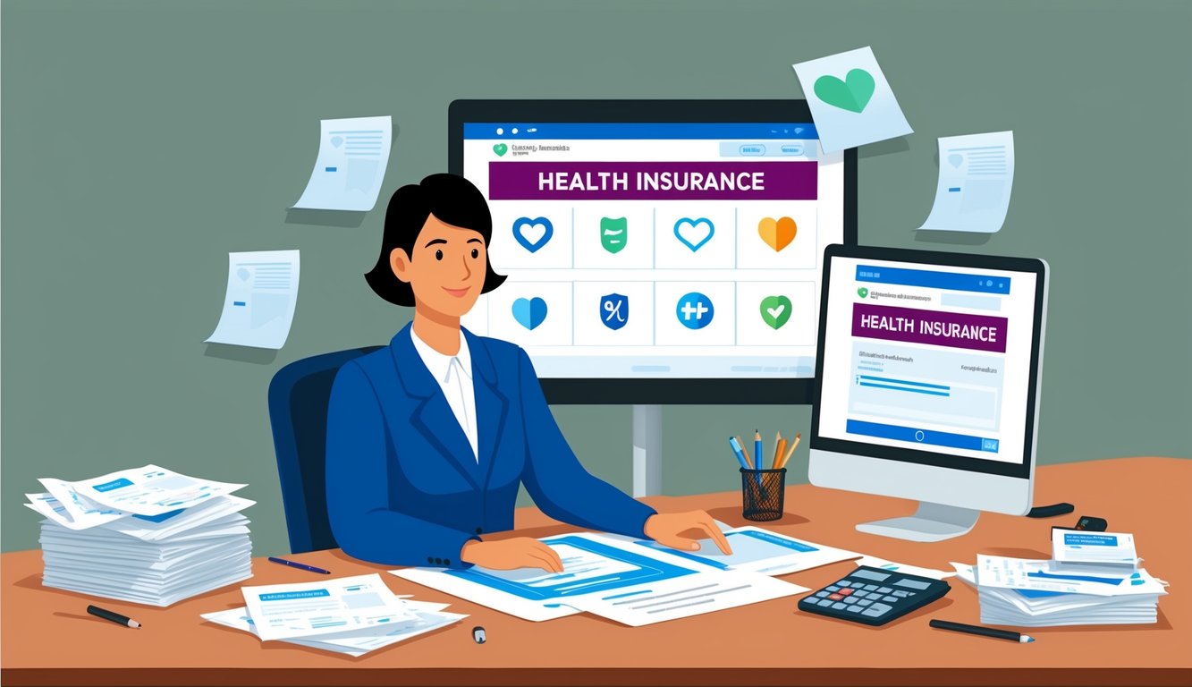 A person sitting at a desk surrounded by paperwork, a calculator, and a computer screen showing various health insurance options