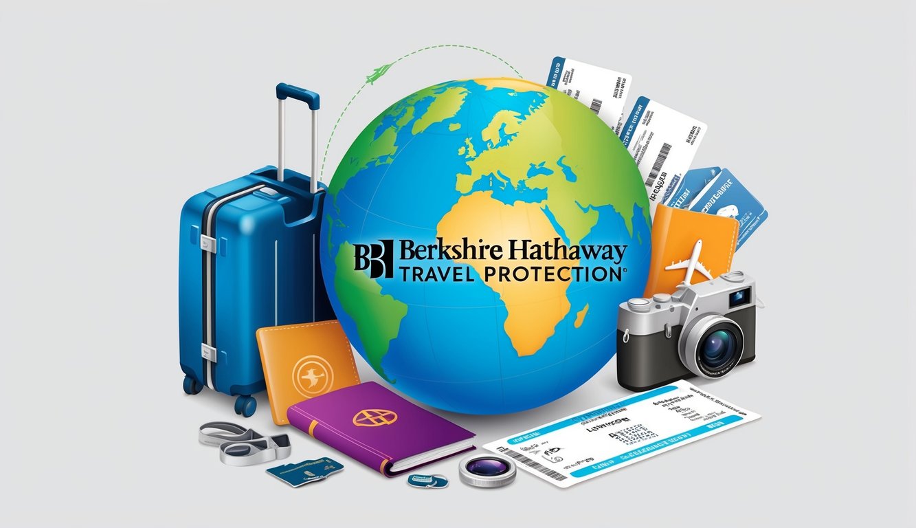 A colorful globe surrounded by travel-related items such as a suitcase, passport, camera, and airplane tickets, with the Berkshire Hathaway Travel Protection logo displayed prominently