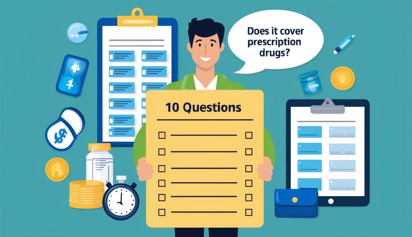 A person holding a list of 10 questions with a speech bubble asking "Does it cover prescription drugs?" surrounded by health insurance-related items