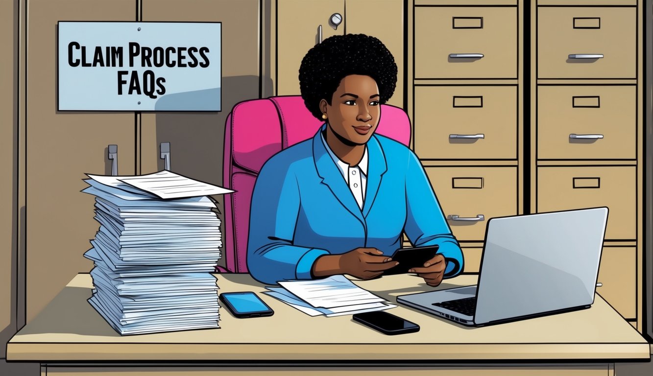 A person sitting at a desk with a stack of papers, a laptop, and a phone, surrounded by filing cabinets and a sign that reads "Claim Process FAQs."