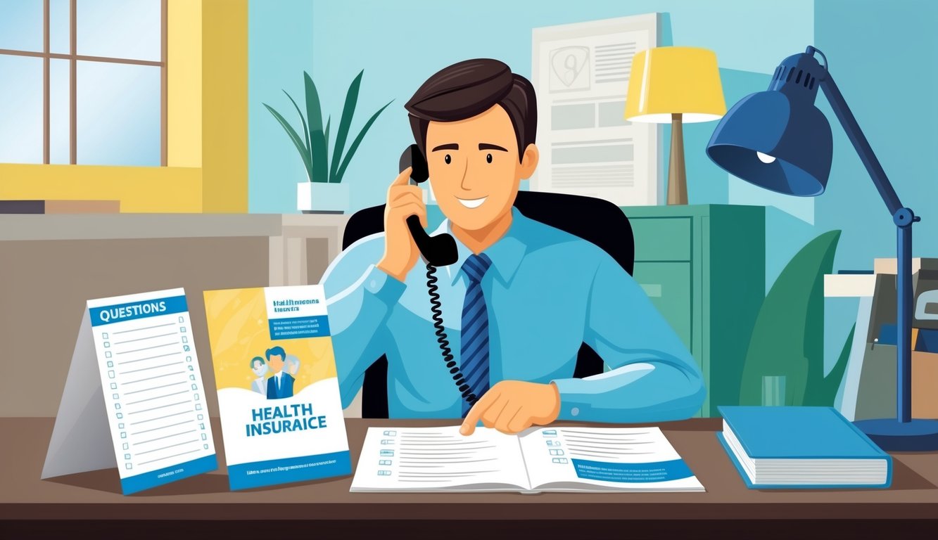 A person sitting at a desk with a list of questions in front of them, talking to a representative on the phone while looking at a brochure about health insurance