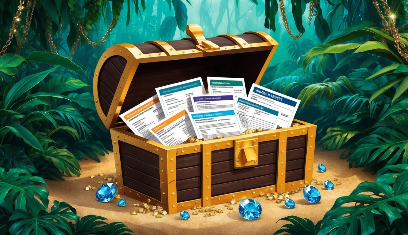 Treasure chest overflowing with documents and jewels in a jungle setting