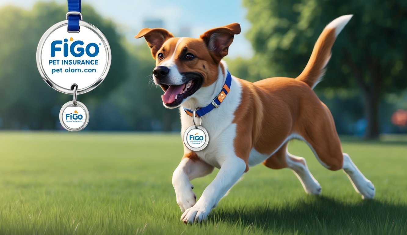 A happy dog playing in a park with a shiny new Figo Pet Insurance tag on its collar