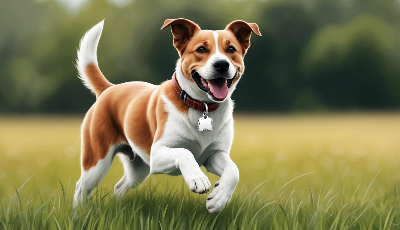 A happy dog playing in a grassy field, with a shiny new dog tag on its collar