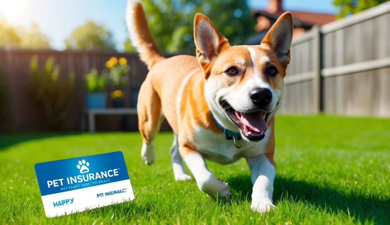 A happy dog playing in a sunny backyard, with a shiny new pet insurance card in the foreground