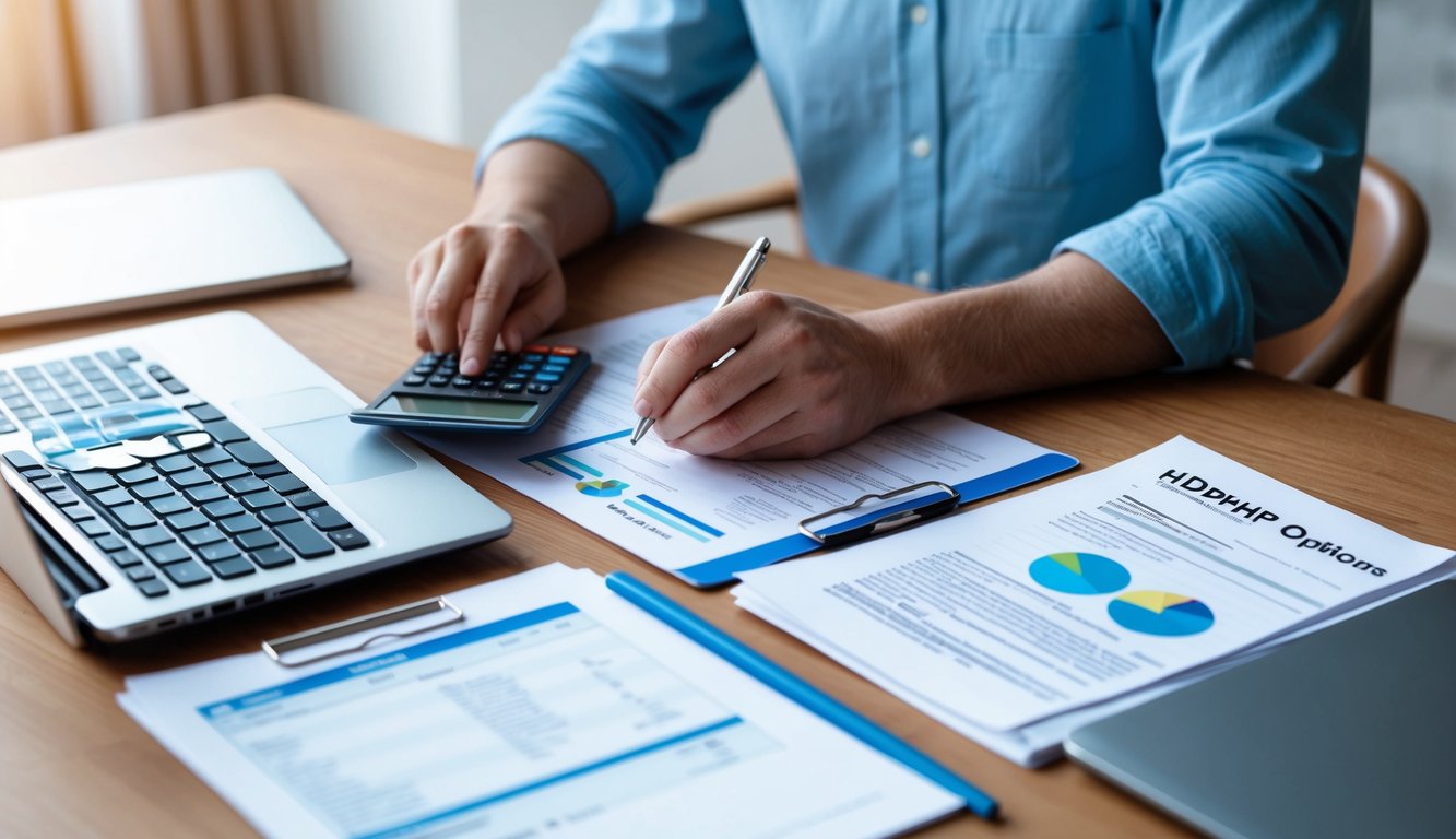 A person researching HDHP options with a calculator, laptop, and insurance documents spread out on a desk