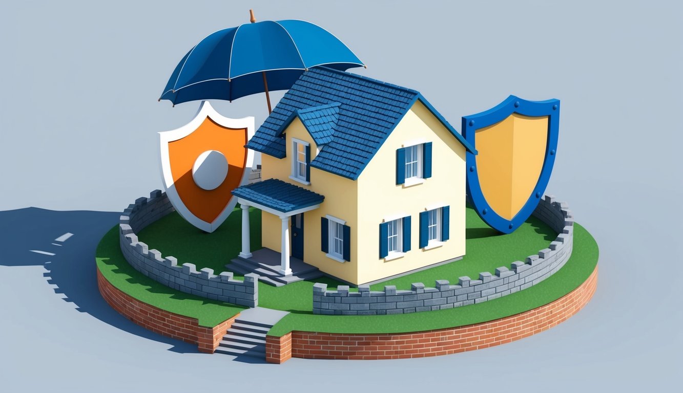 A home surrounded by protective shields, such as an umbrella, shield, and fortress, symbolizing increased deductibles and proper insurance coverage