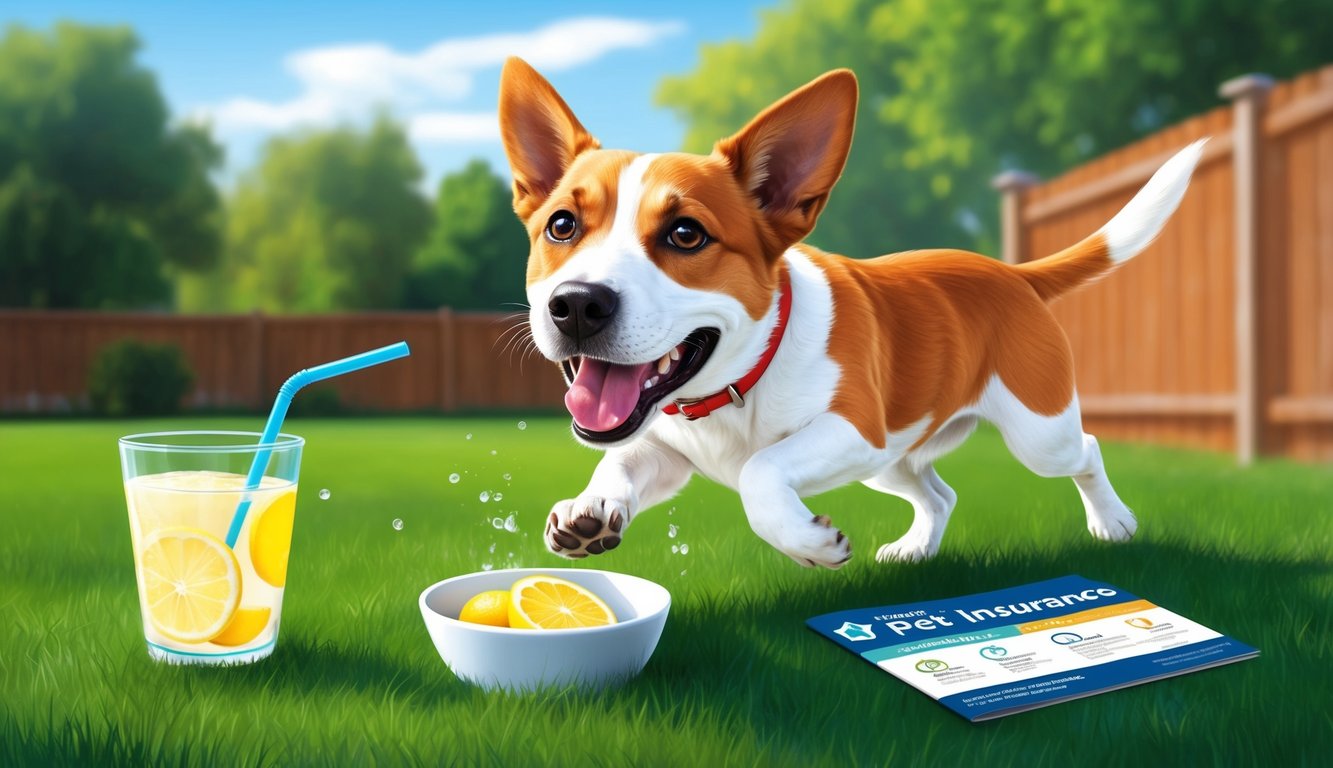 A happy dog playing in a sunny backyard, with a bowl of lemonade and a pet insurance brochure nearby