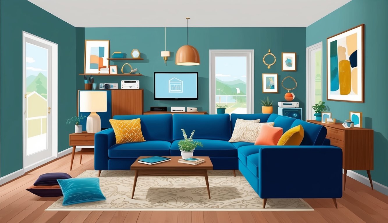 A cozy living room with a variety of personal belongings, such as electronics, jewelry, and artwork, all covered by a protective insurance policy