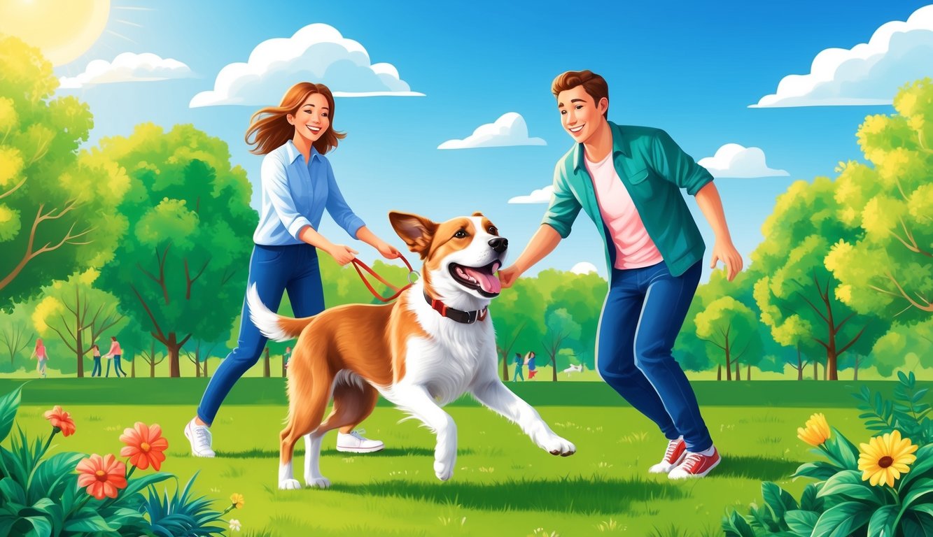 A happy dog playing in a park with its owner, surrounded by vibrant greenery and a sunny blue sky