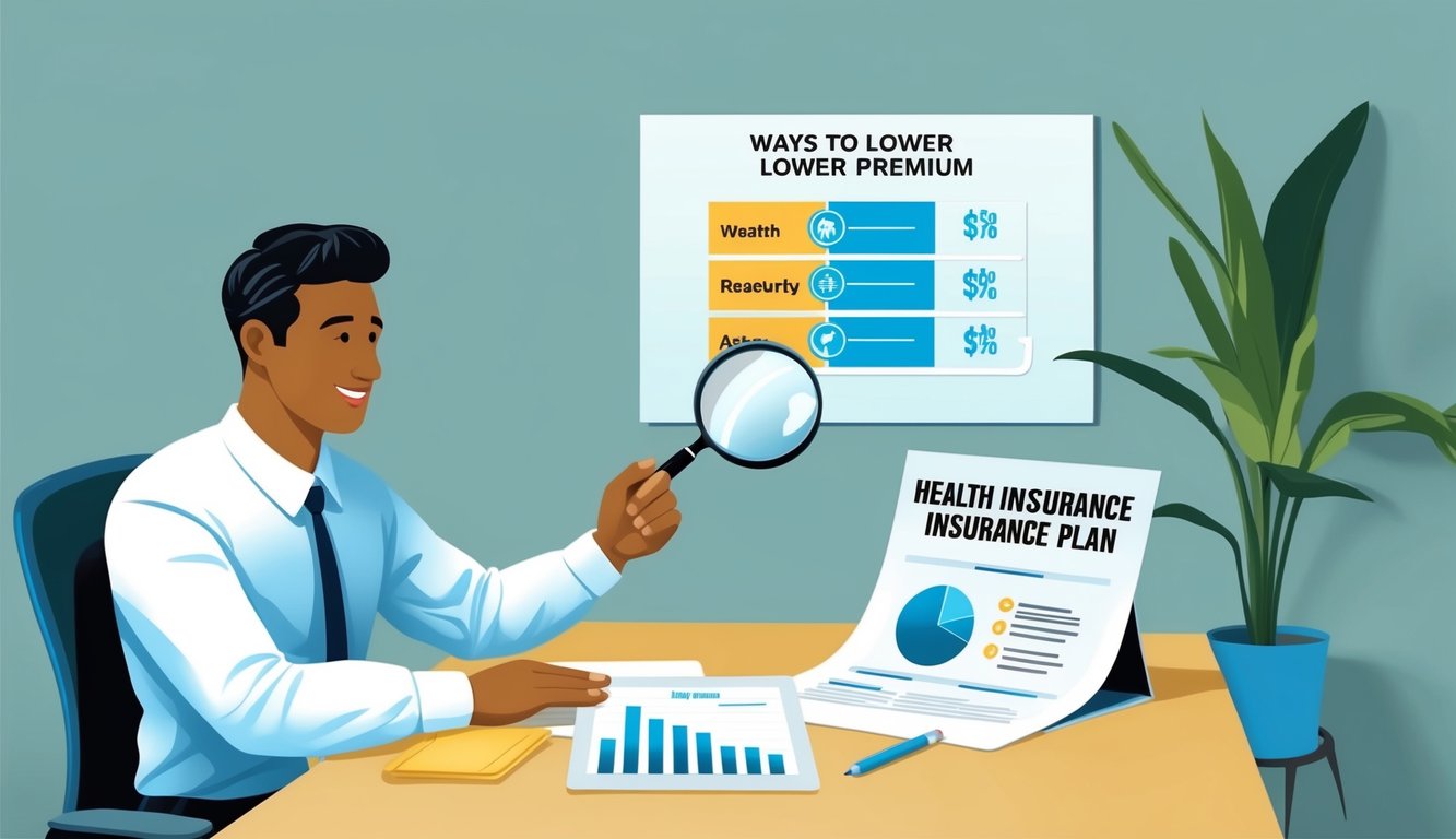 A person sitting at a desk, reviewing a health insurance plan with a magnifying glass.</p><p>A chart showing ways to lower premiums is on the wall