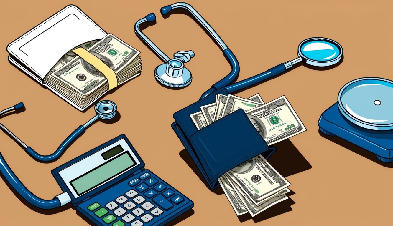 An open wallet with money falling out, a stethoscope, a calculator, a magnifying glass, and a scale on a table