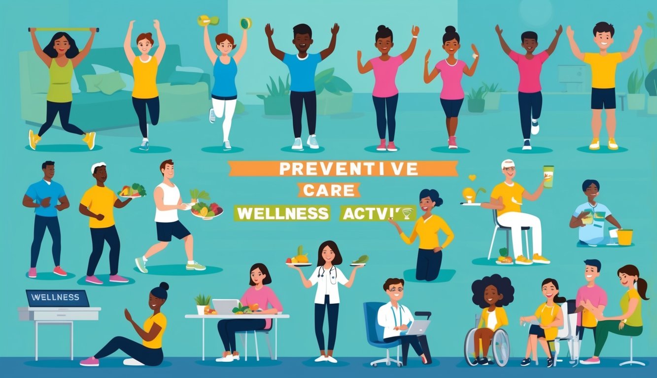 A vibrant and diverse group of people engaging in various preventive care activities, such as exercising, eating healthy, and attending wellness check-ups.</p><p>The scene exudes positivity and a focus on overall well-being