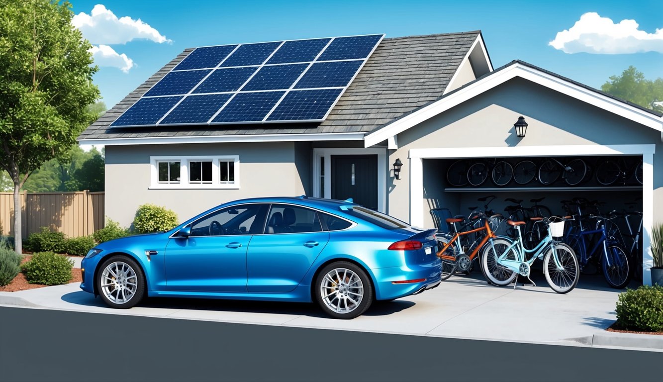 Blue car parked in front of a house with solar panels and bikes