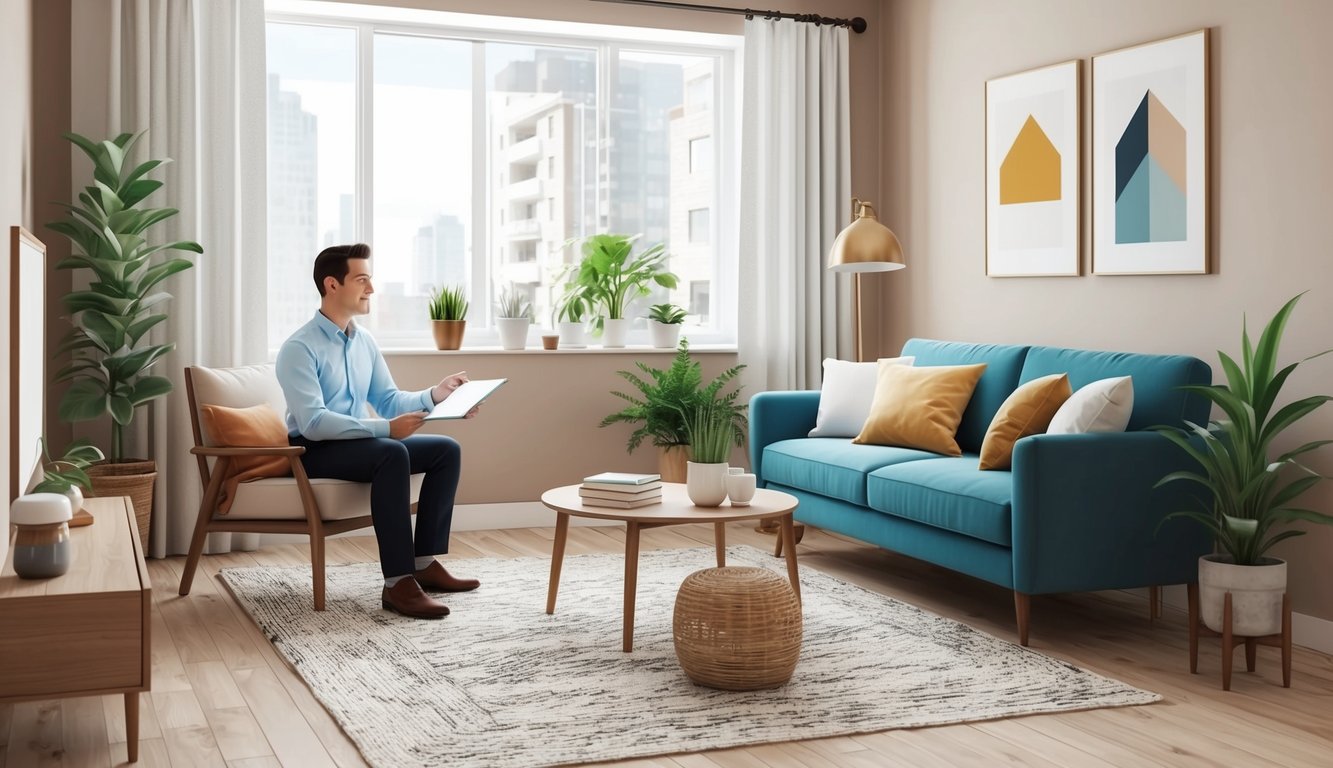Man in a modern living room, holding a tablet, looking out the window
