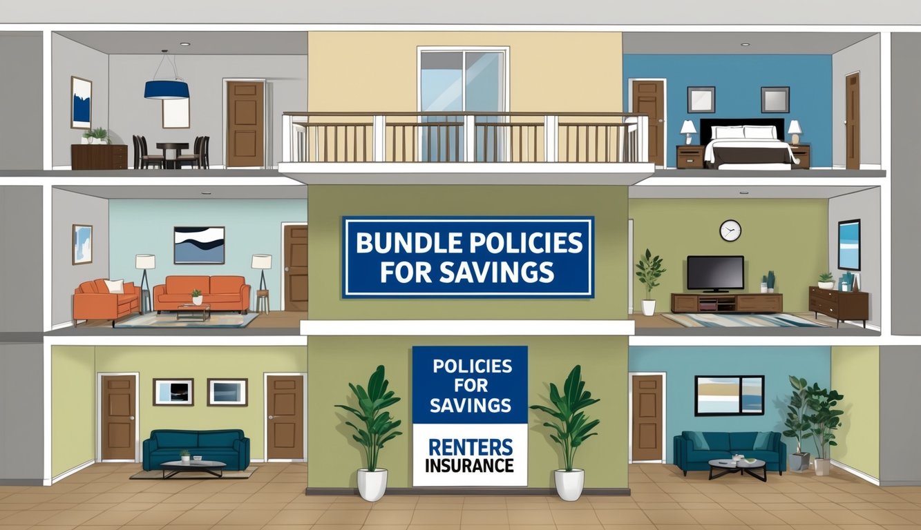 An apartment building with various units, each with different features and furnishings.</p><p>A sign in the lobby advertises "Bundle Policies for Savings" and "Renters Insurance."