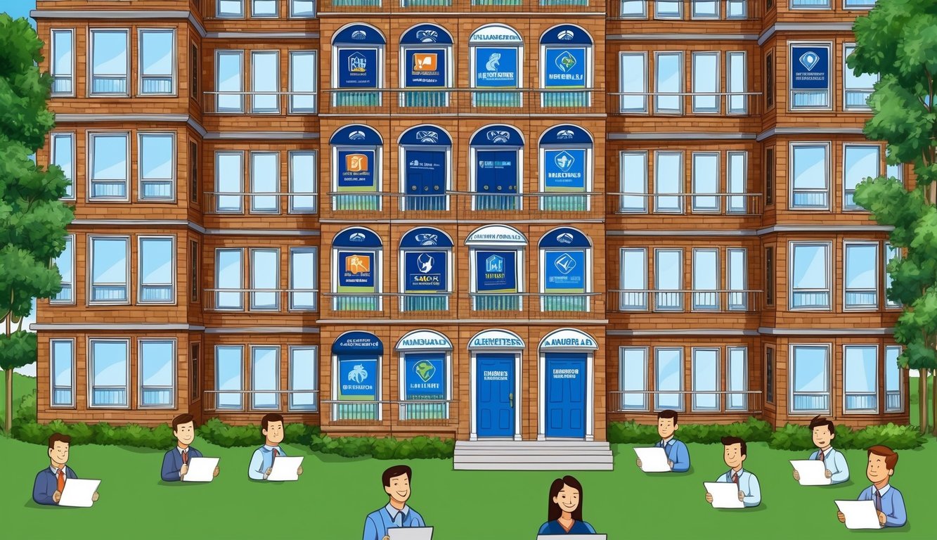 A stack of apartment buildings with various insurance logos on their doors, surrounded by satisfied customers leaving positive reviews