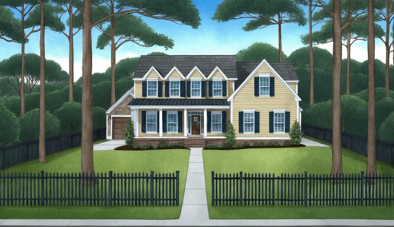 Illustration of a yellow house with a black fence and tall trees