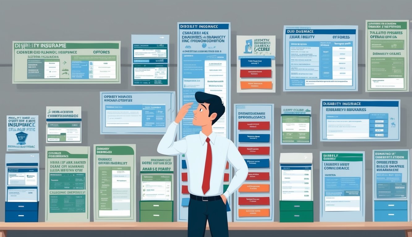 Man looking at documents on a wall, possibly insurance or financial information