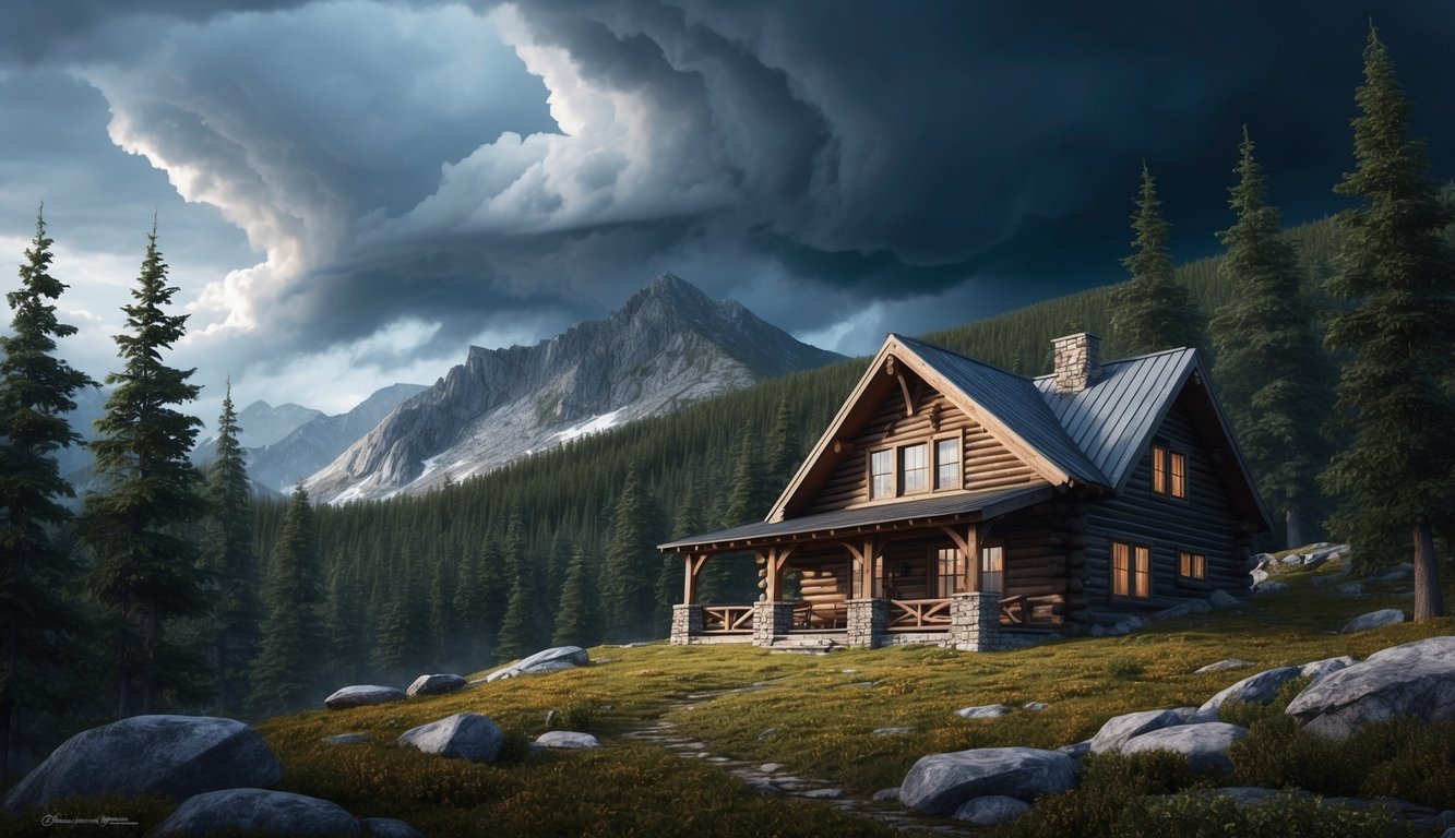 A rugged mountain cabin surrounded by dense forest, with storm clouds gathering overhead