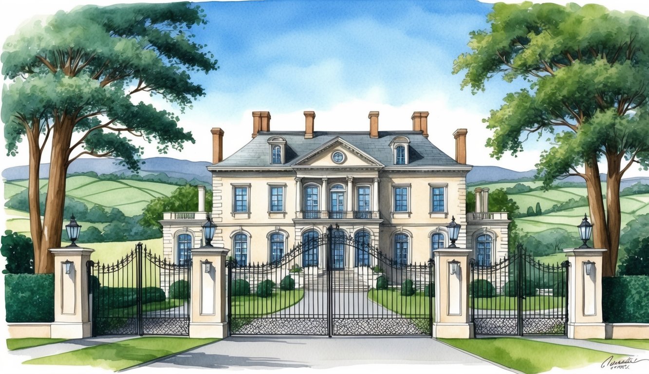 A grand, luxurious mansion surrounded by tall trees and a wrought-iron gate, with a backdrop of rolling hills and a clear blue sky