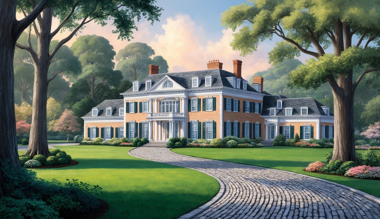 A grand, stately mansion nestled among towering trees, surrounded by a lush garden and a winding cobblestone driveway