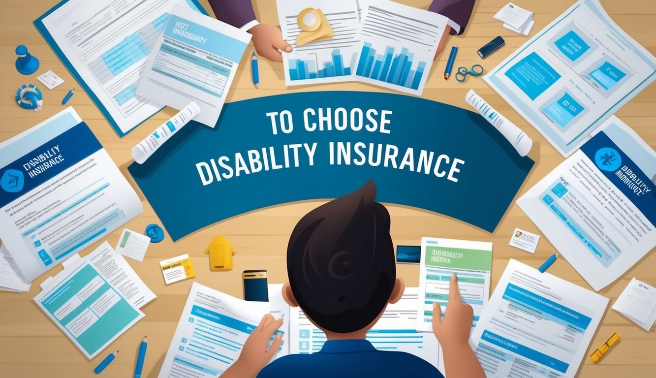 A person sitting at a desk surrounded by paperwork, looking confused while trying to choose disability insurance.</p><p>Various options and terms are scattered on the table