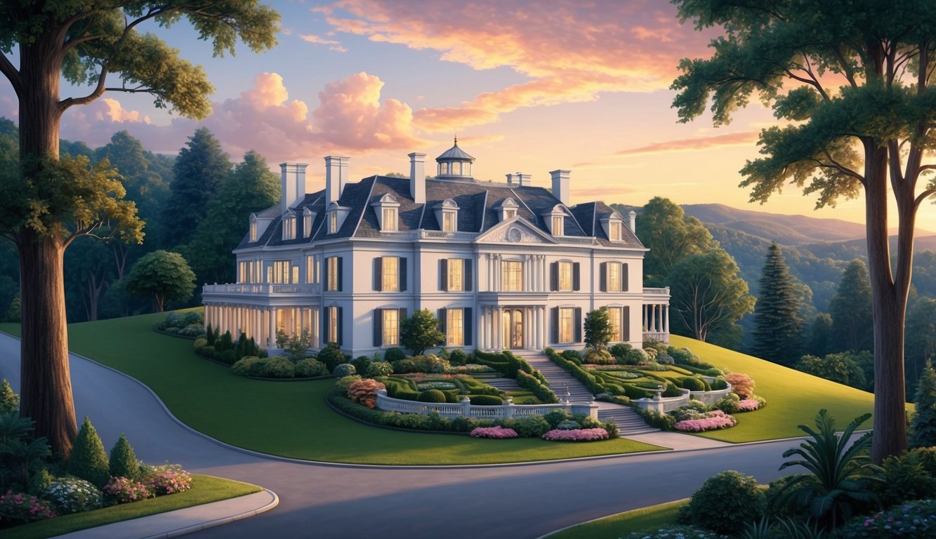 A grand, stately mansion sits atop a hill, surrounded by lush gardens and towering trees.</p><p>The sun sets behind the elegant home, casting a warm glow over the sprawling property