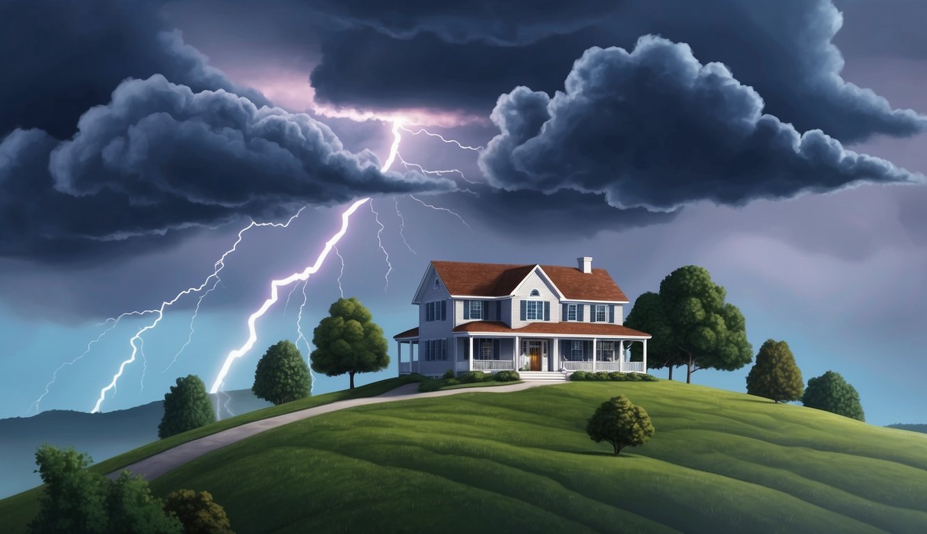 A house on a hill surrounded by storm clouds, with lightning striking nearby