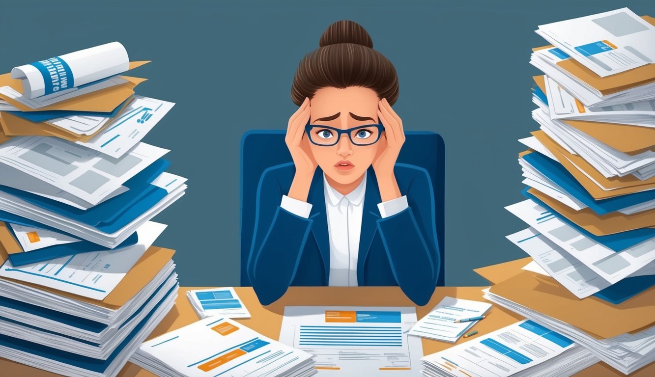 A person sitting at a desk surrounded by paperwork and insurance documents, looking confused and overwhelmed