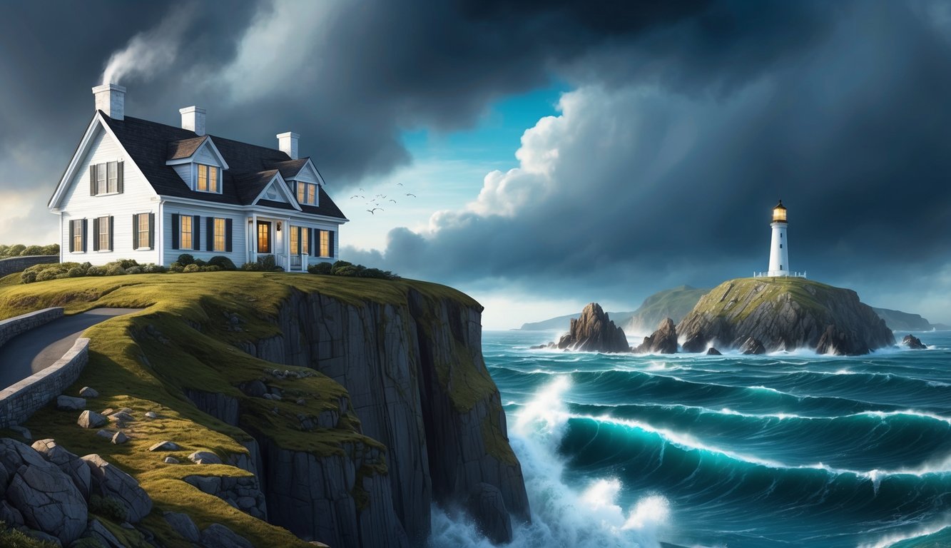 A house on a cliff overlooking stormy seas, surrounded by rugged terrain and ominous clouds, with a sturdy lighthouse in the distance