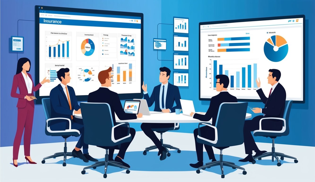 A group of business professionals discussing insurance options in a modern office setting, with charts and graphs displayed on a large screen