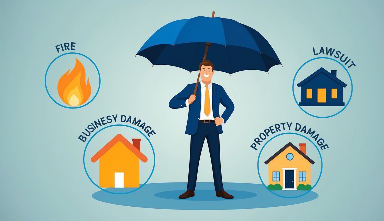 A small business owner standing confidently under a large umbrella, surrounded by various potential risks such as a fire, a lawsuit, and property damage