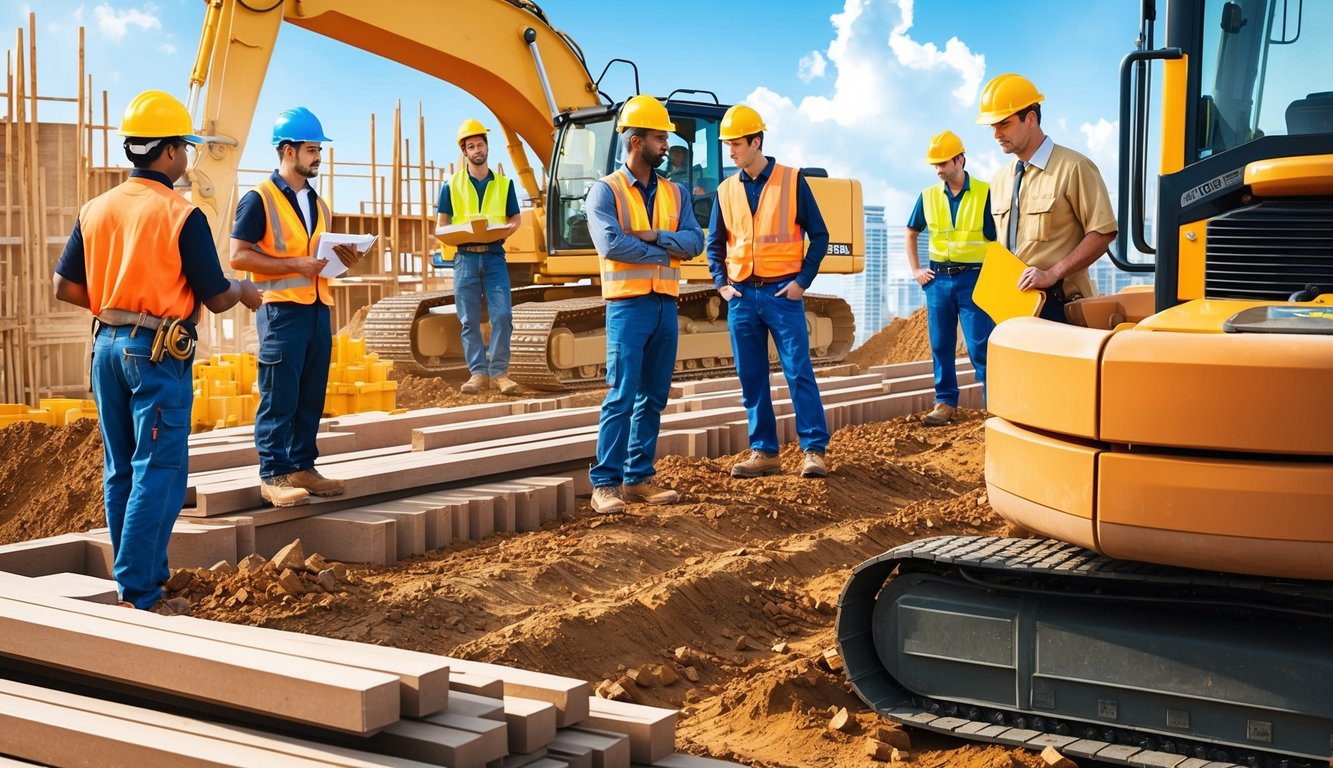 A bustling construction site with workers in hard hats and safety gear, heavy machinery, and a supervisor overseeing the operations