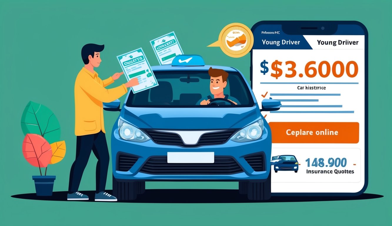 Man with documents near a car, phone with insurance quote