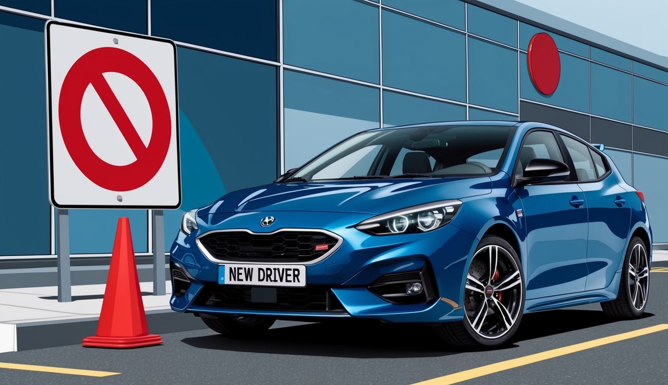 A new driver's car parked next to a sign with a red circle and slash over a high-performance vehicle