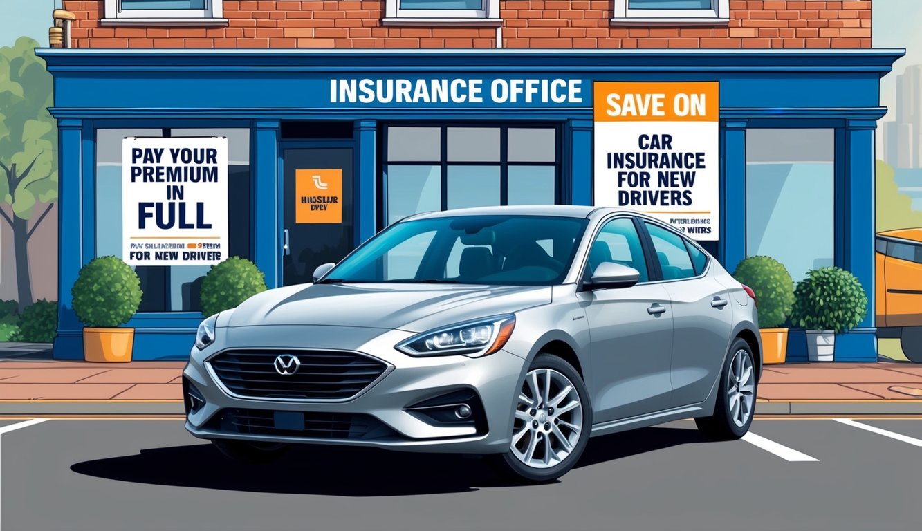 A car parked in front of an insurance office, with a sign advertising "Pay Your Premium in Full" and "Save on Car Insurance for New Drivers."