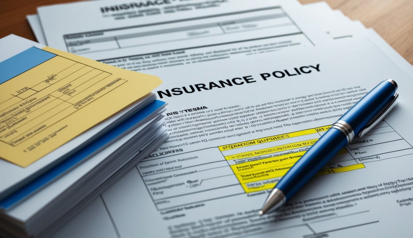 A stack of insurance policy documents with highlighted terms and a pen ready to sign