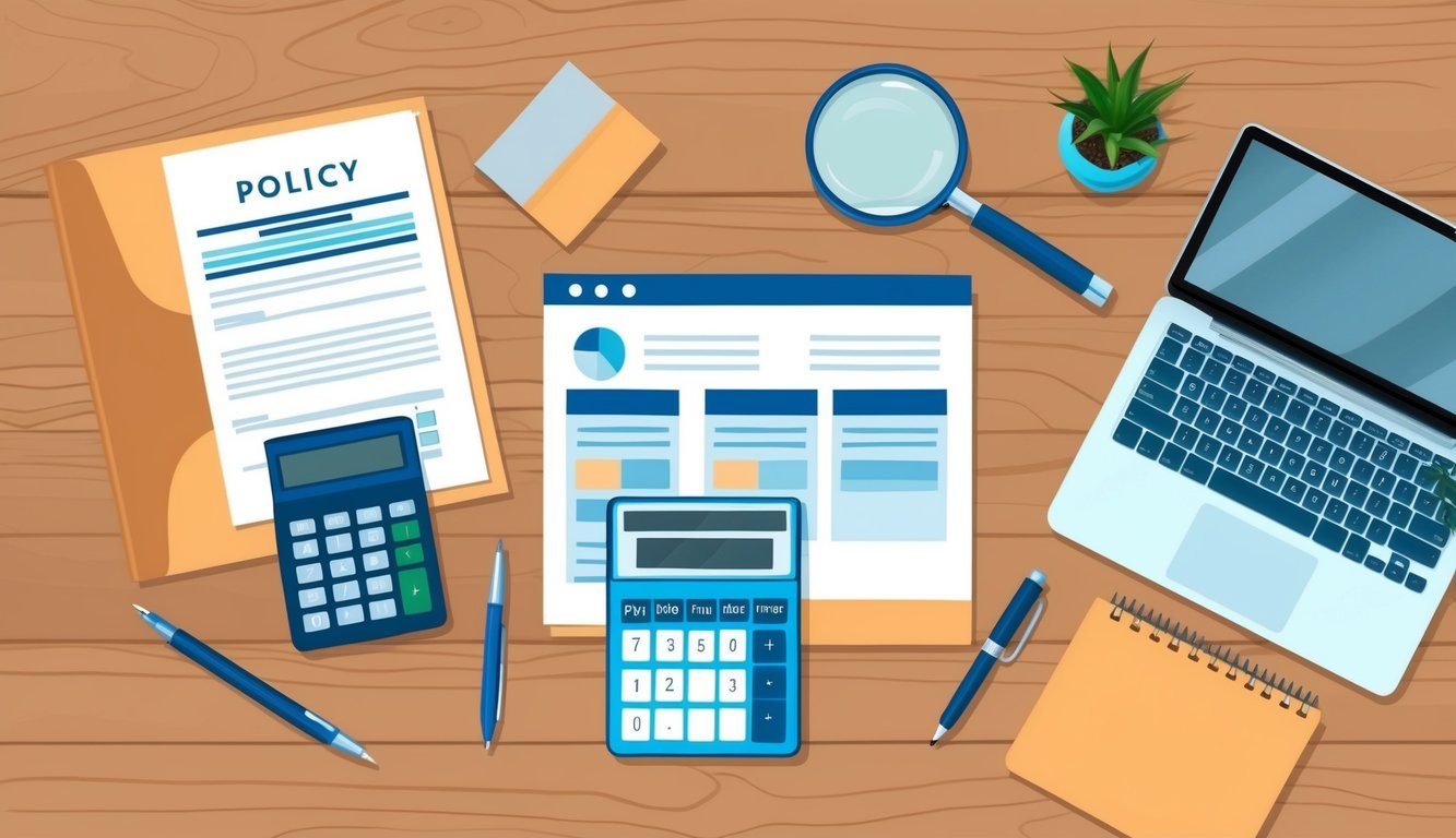 A desk with insurance-related objects: a policy document, a pen, a magnifying glass, a calculator, and a laptop