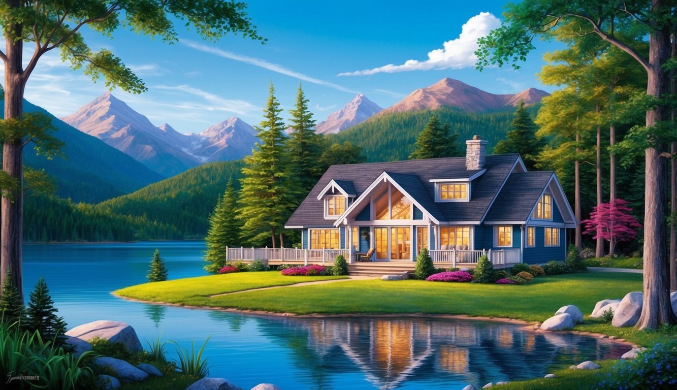 House on a lake with mountains in the background, idyllic scene